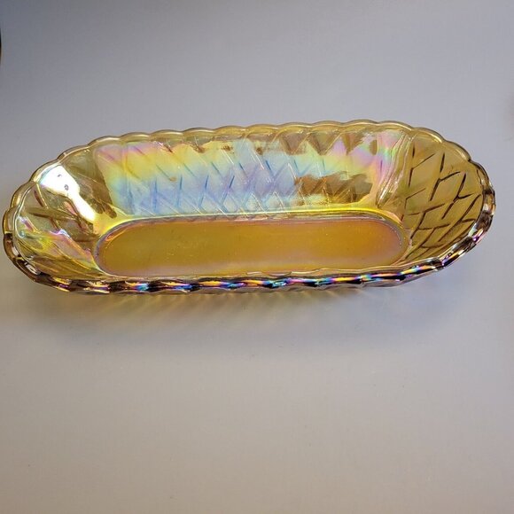 Vintage INDIANA Carnival Glass Marigold Pretzel Pattern Celery Relish Dish - Picture 1 of 4
